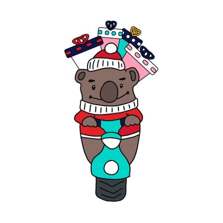 Drawn cute brown bear rides on a scooter with gifts for a Happy Christmas. Vector illustration. Isolated objects on a white background. Flat design in Scandinavian style. Children s print concept.のイラスト素材