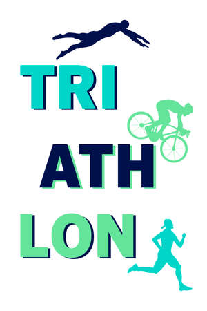 Color flat  triathlon. Vector figures triathletes on a white background. Swimming, cycling and running symbol.のイラスト素材
