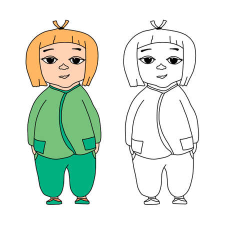 coloring book little boy. vector illustration in cartoon style isolated on a white background. A black-and-white outline and an example of a color image. For children s education, coloring booksのイラスト素材