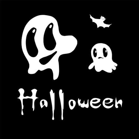 Happy Halloween. concept of greeting cards waiting for an invitation to a Halloween party. Vector illustration with ghosts, a witch s broom and a hat on a black background. Hand-drawn style.のイラスト素材