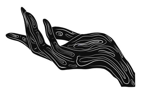 A woman s hand in a graceful gesture. Right angle. Black and white silhouette with an ornament inside. A gesture of self-preservation. Vector illustration in a hand-drawn style. For posters, apartment design.のイラスト素材