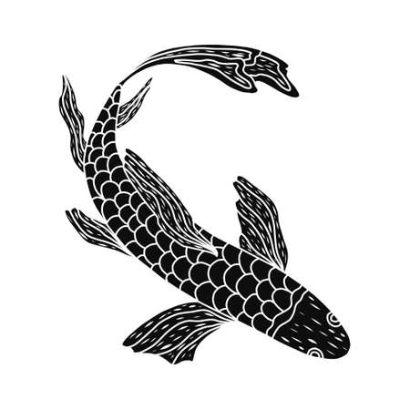 Engraved fish pattern. Vector illustration. Hand drawn koi fish. Japanese carp line drawing symbols meaning carp. For packaging design, branding, banners, posters.のイラスト素材