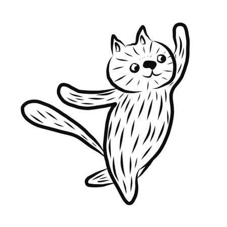 a white cat dances with its tail raised. Vector illustration isolated on a white background. For stickers, tableware designs, T-shirts, baby products, or pet stores.のイラスト素材