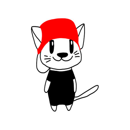 Vector white cat with red cap. Hand drawn illustration of kitten. Children s character for printing on T-shirts, for cycling club or triathlon emblems isolated on white background vector illustrationのイラスト素材