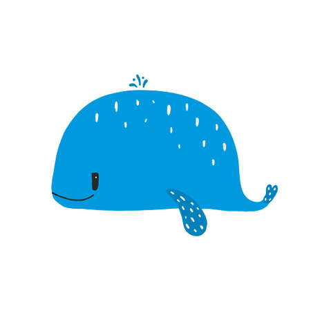 Whale icon with water fountain blow. Hand drawn vector illustration of a cute funny character. Isolated objects. minimalistic style flat design. Concept for children print.のイラスト素材