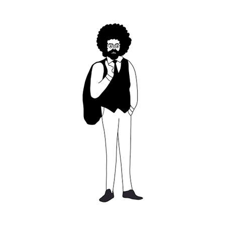 funny cartoon guy with glasses with a jacket thrown over the backのイラスト素材