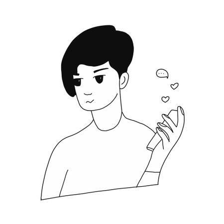 Cute happy girl holding cellphone, using mobile dating application to chat or sending romantic message. Woman with smartphone searching for romantic partner online. Flat cartoon vector illustration.のイラスト素材