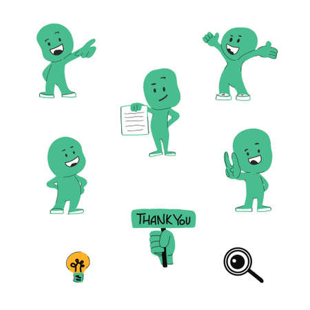 Vector illustration of a simple cute characters for use in presentations, manuals, design, etc. A set of funny little men to create presentations. different poses and signsのイラスト素材