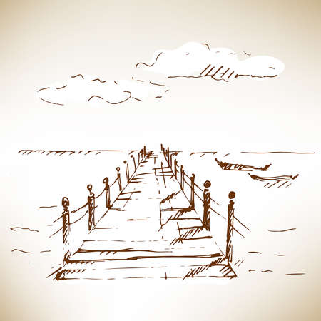 Wooden pier at sea with cloudscape. Sketch. Vector illustration.のイラスト素材