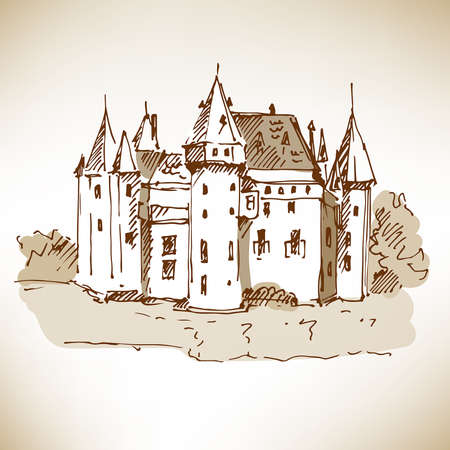 Hand drawn medieval castle on brown paper. Vector illustration.のイラスト素材