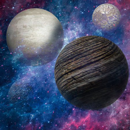 3d illustration of a fantastic landscape created with worlds in the galaxy and nebulae for fantasy...