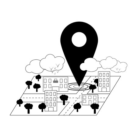 Vector of a gps symbol, point of arrival, to illustrate a journey and arrival at the destination, In black and white. concept of arrival and search for a place to travel.のイラスト素材