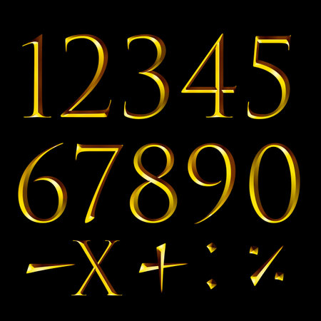 Numbers from 1 to 10 with gold texture on black background. Numbers for projects in the concept of lugo. Math signsのイラスト素材