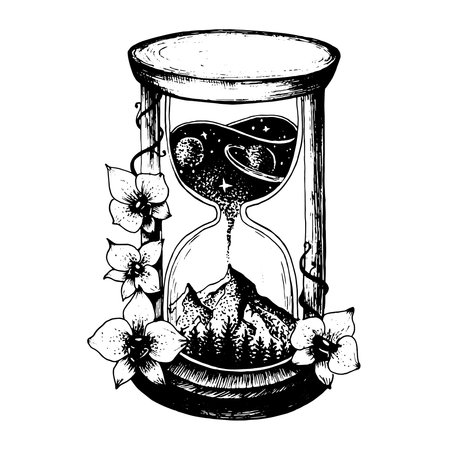 A sketch of a sand clock in bkack and white.
