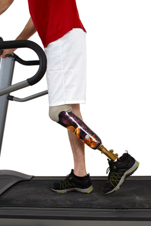 Male prosthesis wearer undergoing rehabilitation in a special training parcour for simulating...