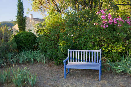 Blue painted wooden garden bench in a leafy rural garden in Provence, France under pretty flowering purple bouganvillea for an oasis of tranquillity の写真素材