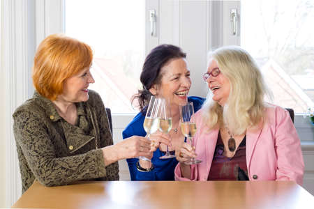 Three Happy Mom Friends Enjoying Glasses of Champagne at the Table Inside a Restaurant While Talking Funny Stories of their Lives.の写真素材