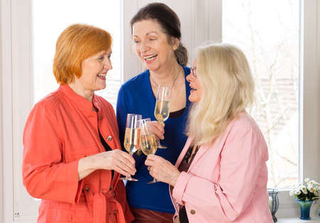 Close up Three Very Closed Mom Friends Holding Glasses of Wines While Enjoying Their Talk Near the Window.の写真素材