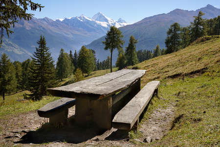 Scenic landscape with empty rustic picnic table and benches made of lumber on a grassy slope with coniferous trees and snowcapped Matterhorn mountain at the horizon in Valais Alps Switzerland.の写真素材