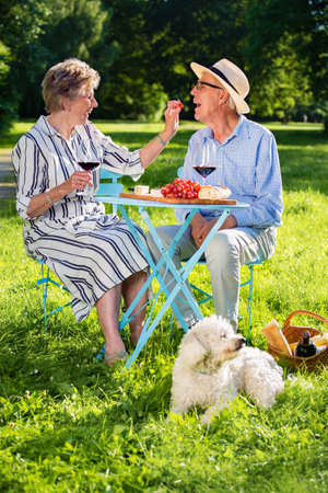 Happy couple flirting. Positive senior man is opening his mouth and his elderly girlfriend is feeding him with grape while their white dog is sniffing the air.の写真素材
