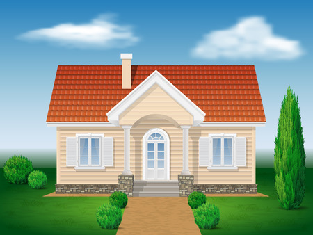 cottage house with the environment, background sky and ornamental gardenのイラスト素材