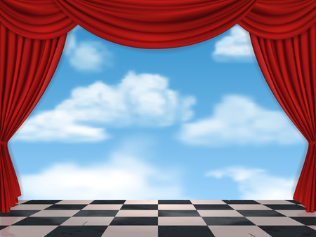 Red curtains sky and chessboard - surreal vector background.のイラスト素材