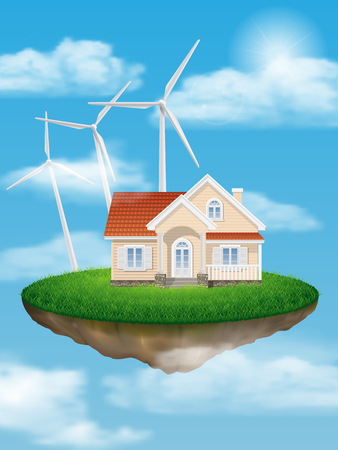 House with wind turbines on a floating island in the sky with clouds.のイラスト素材