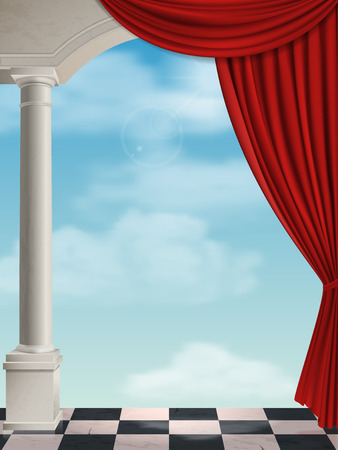 Arch with columns and curtain on background sky with cloudsのイラスト素材