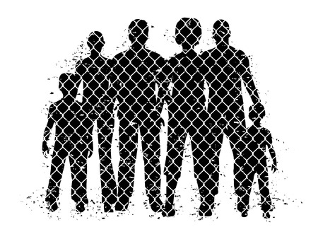 People behind wire fence. Vector illustration about probleme refugees.のイラスト素材