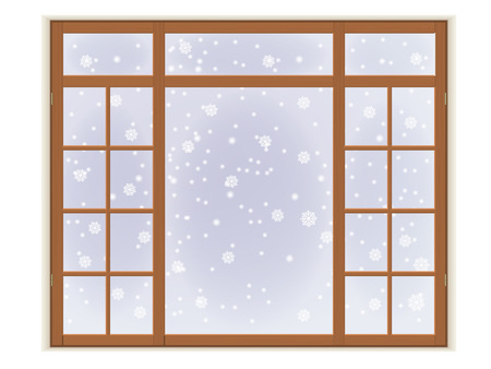 Wooden window with frost and snowflakes. Isolated on white background.のイラスト素材