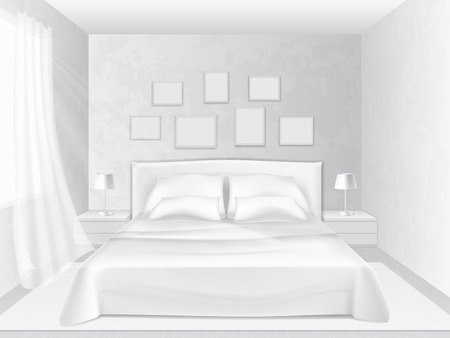 White bedroom with a bed and pillows, vector illustrationのイラスト素材