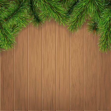 Fir branches on wooden boards background. Vector christmas card template.のイラスト素材