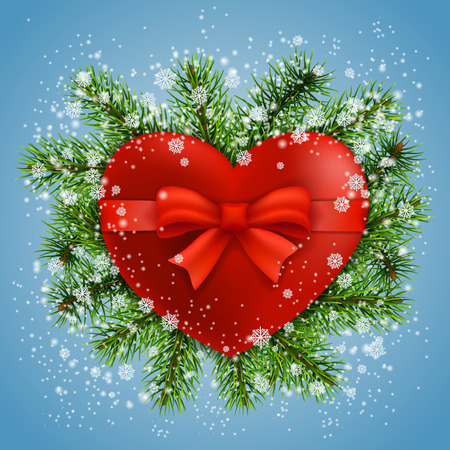 Red heart in fir branches with snow on blue background. Vector greeting card.のイラスト素材