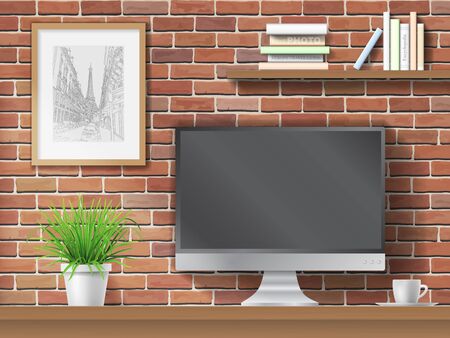 Work table, computer and shelves with books on brick wall background. Workplace in the office or at home.のイラスト素材