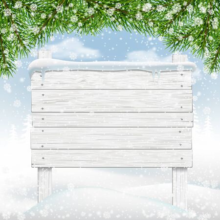 White winter wooden signboard in snow. Backdrop for messages. Vector Illustration.のイラスト素材