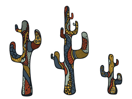 Three doodle cactus painted colored squiggles. Vector illustration isolated on white background.のイラスト素材
