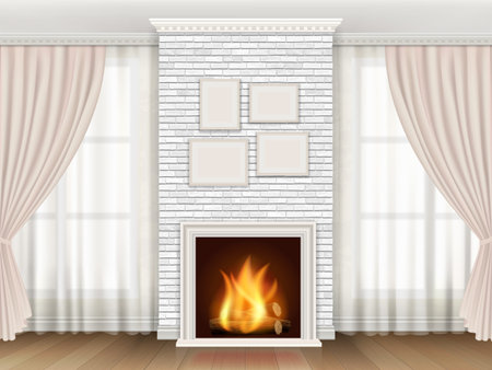 Classic interior with white brick fireplace  and windows curtains.のイラスト素材