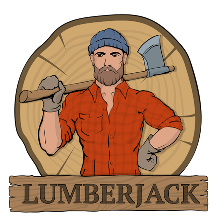 Lumberjack. Rural man holds axe in hands, standing on the background the felled tree. Lumbersexual fashion style. Brutal bearded man.のイラスト素材