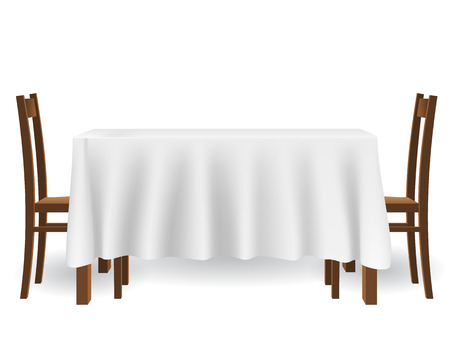 The kitchen table covered with a tablecloth and chairs. piece of furniture and interior decoration, isolated on white background.のイラスト素材