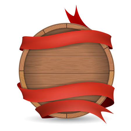 Wooden barrel wrapped in red ribbon. Wooden label for wine making, brewing.のイラスト素材