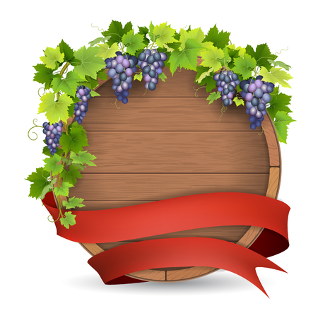 Wooden barrel for wine, grapes vine and red ribbon. Winemaking label template.のイラスト素材