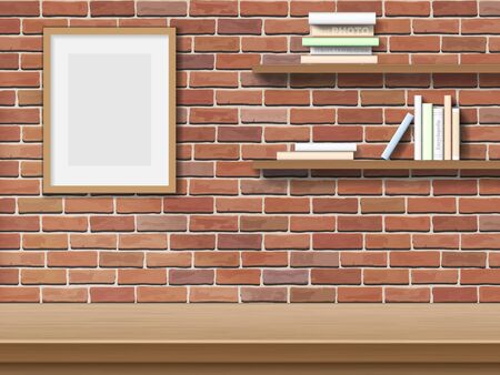 Top table picture frame, bookshelf on brick wall background.のイラスト素材