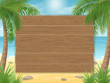 Empty wooden sign on tropical beach with palm treeのイラスト素材