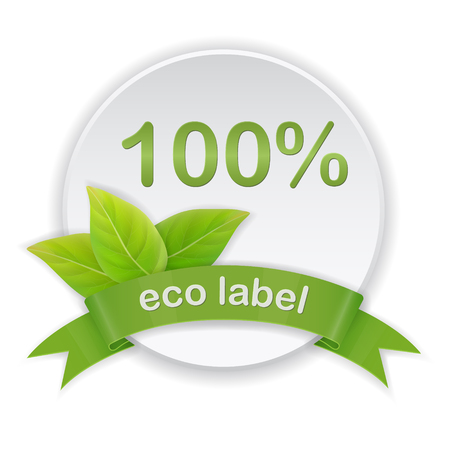 Eco label with green leaves and ribbon. Realistic style.のイラスト素材