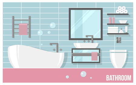 Bathroom modern interior with blue tiles in flat style.のイラスト素材