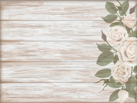 Vintage wooden background with white roses bud. template for greeting card.のイラスト素材