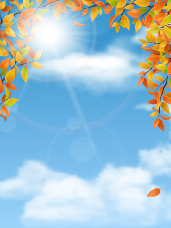 Autumn trees branches with red leaves on blue sky background. Vector seasonal background.のイラスト素材
