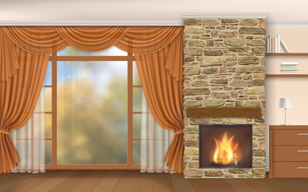 Living room interior with fireplace of stone and autumn scenery outside the window.のイラスト素材