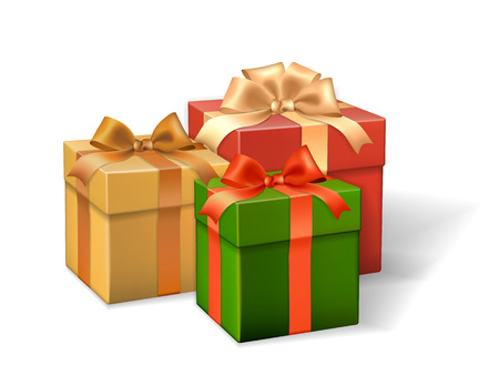 Set of gift boxes different colors, decorated with ribbons and bows. Vector realistic elements for decorate Christmas or Celebration card.のイラスト素材