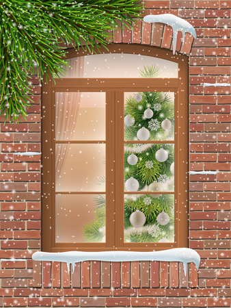 View through a window on Christmas interior with a decorated Christmas tree in the living room.  Wooden window in a brick wall. Outside it is snowing. Realistic vector illustration.のイラスト素材